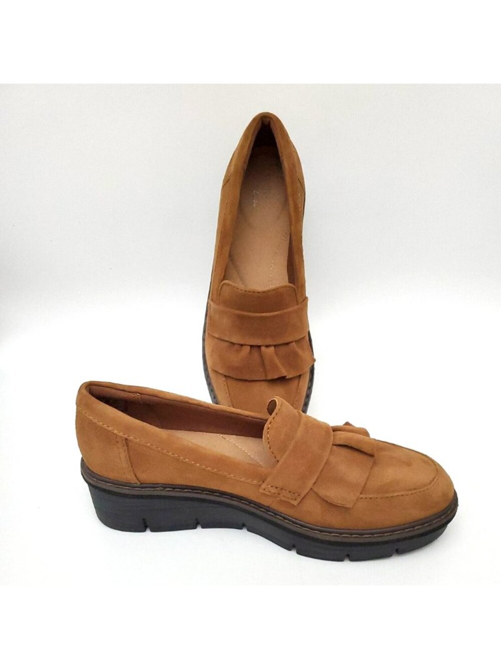 Collection By Clarks Airabell Slip Dark Khaki Suede Wedge Loafers Women's Sz 6M